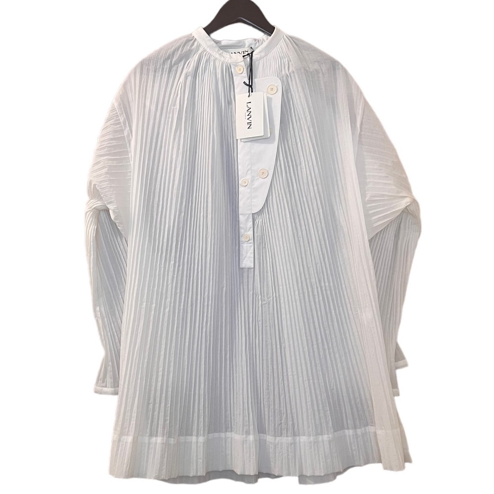 Lanvin White Pleated Long Sleeve Shirt Dress